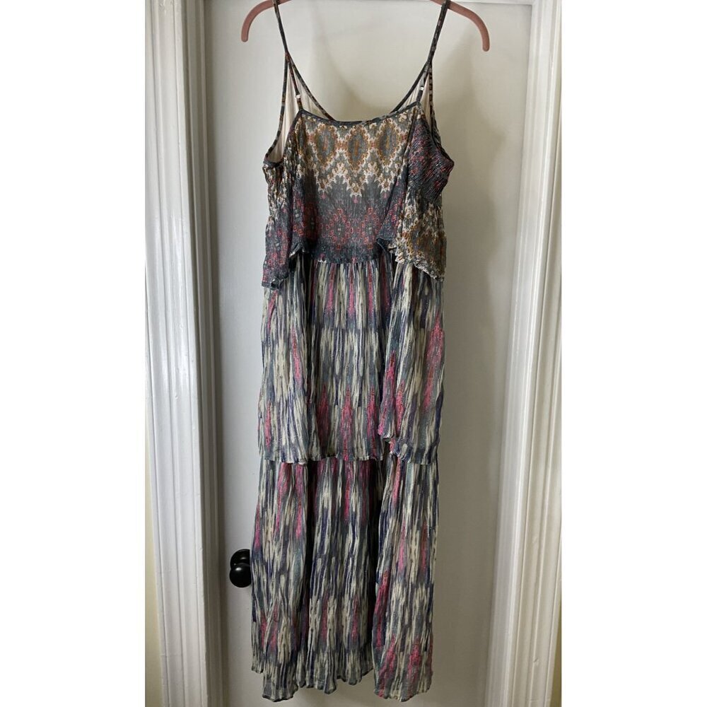 Meadow Rue By Anthropologie Tiered Maxi Dress Multicolor Silver Thread Size 10 - Picture 4 of 9